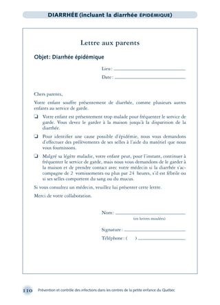 110 Prévention et contrôle des infections dans les centres de la petite enfance du Québec
DIARRHÉE (incluant la diarrhée ÉPIDÉMIQUE)
Lettre aux parents
Objet: Diarrhée épidémique
Lieu:
Date:
Chers parents,
Votre enfant souffre présentement de diarrhée, comme plusieurs autres
enfants au service de garde.
❏ Votre enfant est présentement trop malade pour fréquenter le service de
garde. Vous devez le garder à la maison jusqu’à la disparition de la
diarrhée.
❏ Pour identiﬁer une cause possible d’épidémie, nous vous demandons
d’effectuer des prélèvements de ses selles à l’aide du matériel que nous
vous fournissons.
❏ Malgré sa légère maladie, votre enfant peut, pour l’instant, continuer à
fréquenter le service de garde, mais nous vous demandons de le garder à
la maison et de prendre contact avec votre médecin si la diarrhée s’ac-
compagne de 2 vomissements ou plus par 24 heures, s’il est fébrile ou
si ses selles comportent du sang ou du mucus.
Si vous consultez un médecin, veuillez lui présenter cette lettre.
Merci de votre collaboration.
Nom:
(en lettres moulées)
Signature:
Téléphone: ( )
montage-xpd-02003 4/30/02 11:08 AM Page 110
 