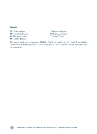 Merci à:
12 Prévention et contrôle des infections dans les centres de la petite enfance du Québec
Mme
Édith Akom
Mlle
Florencia Bruno
Dre
Monique Landry
Mme
Cathie Lantier
Dr
Bernard Laporte
Mme
Sophie Veilleux
Dre
Sylvie Venne
Un merci particulier à Madame Michèle Ouellette, secrétaire à l’Unité des maladies
infectieuses de la Direction de la santé publique de Laval pour son soutien à la correction
du manuscrit.
montage-xpd-02003 4/30/02 11:08 AM Page 12
 