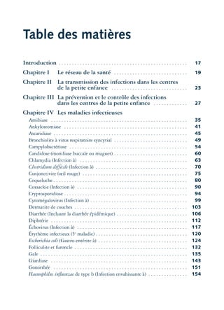 Table des matières
Introduction . . . . . . . . . . . . . . . . . . . . . . . . . . . . . . . . . . . . . . . . . . . . . . . . . 17
Chapitre I Le réseau de la santé . . . . . . . . . . . . . . . . . . . . . . . . . . . . 19
Chapitre II La transmission des infections dans les centres
de la petite enfance . . . . . . . . . . . . . . . . . . . . . . . . . . . . . 23
Chapitre III La prévention et le contrôle des infections
dans les centres de la petite enfance . . . . . . . . . . . . . 27
Chapitre IV Les maladies infectieuses
Amibiase . . . . . . . . . . . . . . . . . . . . . . . . . . . . . . . . . . . . . . . . . . . . . . . . . . . . 35
Ankylostomiase . . . . . . . . . . . . . . . . . . . . . . . . . . . . . . . . . . . . . . . . . . . . . . . 41
Ascaridiase . . . . . . . . . . . . . . . . . . . . . . . . . . . . . . . . . . . . . . . . . . . . . . . . . . . 45
Bronchiolite à virus respiratoire syncytial . . . . . . . . . . . . . . . . . . . . . . . . . . . . 49
Campylobactériose . . . . . . . . . . . . . . . . . . . . . . . . . . . . . . . . . . . . . . . . . . . . . 54
Candidose (moniliase buccale ou muguet) . . . . . . . . . . . . . . . . . . . . . . . . . . . . 60
Chlamydia (Infection à) . . . . . . . . . . . . . . . . . . . . . . . . . . . . . . . . . . . . . . . . . 63
Clostridium difficile (Infection à) . . . . . . . . . . . . . . . . . . . . . . . . . . . . . . . . . . . 70
Conjonctivite (œil rouge) . . . . . . . . . . . . . . . . . . . . . . . . . . . . . . . . . . . . . . . . 75
Coqueluche . . . . . . . . . . . . . . . . . . . . . . . . . . . . . . . . . . . . . . . . . . . . . . . . . . . 80
Coxsackie (Infection à) . . . . . . . . . . . . . . . . . . . . . . . . . . . . . . . . . . . . . . . . . . 90
Cryptosporidiose . . . . . . . . . . . . . . . . . . . . . . . . . . . . . . . . . . . . . . . . . . . . . . . 94
Cytomégalovirus (Infection à) . . . . . . . . . . . . . . . . . . . . . . . . . . . . . . . . . . . . . 99
Dermatite de couches . . . . . . . . . . . . . . . . . . . . . . . . . . . . . . . . . . . . . . . . . . . 103
Diarrhée (Incluant la diarrhée épidémique) . . . . . . . . . . . . . . . . . . . . . . . . . . . 106
Diphtérie . . . . . . . . . . . . . . . . . . . . . . . . . . . . . . . . . . . . . . . . . . . . . . . . . . . . 112
Échovirus (Infection à) . . . . . . . . . . . . . . . . . . . . . . . . . . . . . . . . . . . . . . . . . . 117
Érythème infectieux (5e
maladie) . . . . . . . . . . . . . . . . . . . . . . . . . . . . . . . . . . . 120
Escherichia coli (Gastro-entérite à) . . . . . . . . . . . . . . . . . . . . . . . . . . . . . . . . . . 124
Folliculite et furoncle . . . . . . . . . . . . . . . . . . . . . . . . . . . . . . . . . . . . . . . . . . . 132
Gale . . . . . . . . . . . . . . . . . . . . . . . . . . . . . . . . . . . . . . . . . . . . . . . . . . . . . . . . 135
Giardiase . . . . . . . . . . . . . . . . . . . . . . . . . . . . . . . . . . . . . . . . . . . . . . . . . . . . 143
Gonorrhée . . . . . . . . . . . . . . . . . . . . . . . . . . . . . . . . . . . . . . . . . . . . . . . . . . . 151
Haemophilus inﬂuenzae de type b (Infection envahissante à) . . . . . . . . . . . . . . . 154
montage-xpd-02003 4/30/02 11:08 AM Page 13
 