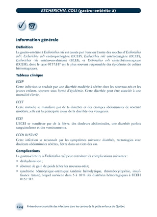Information générale
Déﬁnition
La gastro-entérite à Escherichia coli est causée par l’une ou l’autre des souches d’Escherichia
coli: Escherichia coli entéropathogène (ECEP), Escherichia coli entérotoxigène (ECET),
Escherichia coli entéro-envahissant (ECEI), et Escherichia coli entérohémorragique
(ECEH), dont le type 0157:H7 est le plus souvent responsable des épidémies de colites
hémorragiques.
Tableau clinique
ECEP
Cette infection se traduit par une diarrhée modérée à sévère chez les nouveau-nés et les
jeunes enfants, souvent sous forme d’épidémie. Cette diarrhée peut être associée à une
mortalité élevée.
ECET
Cette maladie se manifeste par de la diarrhée et des crampes abdominales de sévérité
modérée; elle est la principale cause de la diarrhée des voyageurs.
ECEI
L’ECEI se manifeste par de la ﬁèvre, des douleurs abdominales, une diarrhée parfois
sanguinolente et des vomissements.
ECEH 0157:H7
Cette infection se reconnaît par les symptômes suivants: diarrhée, rectorragies avec
douleurs abdominales sévères, ﬁèvre dans un tiers des cas.
Complications
La gastro-entérite à Escherichia coli peut entraîner les complications suivantes:
• déshydratation;
• absence de gain de poids (chez les nouveau-nés);
• syndrome hémolytique-urémique (anémie hémolytique, thrombocytopénie, insuf-
ﬁsance rénale), lequel survient dans 5 à 10% des diarrhées hémorragiques à ECEH
0157:H7.
124 Prévention et contrôle des infections dans les centres de la petite enfance du Québec
ESCHERICHIA COLI (gastro-entérite à)
montage-xpd-02003 4/30/02 11:08 AM Page 124
 