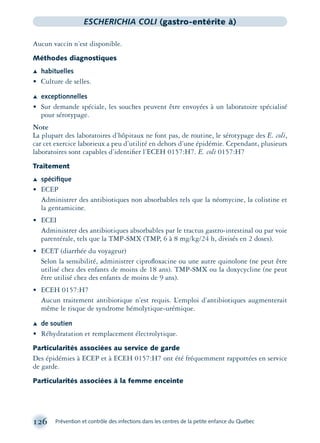 126 Prévention et contrôle des infections dans les centres de la petite enfance du Québec
ESCHERICHIA COLI (gastro-entérite à)
Aucun vaccin n’est disponible.
Méthodes diagnostiques
Æ habituelles
• Culture de selles.
Æ exceptionnelles
• Sur demande spéciale, les souches peuvent être envoyées à un laboratoire spécialisé
pour sérotypage.
Note
La plupart des laboratoires d’hôpitaux ne font pas, de routine, le sérotypage des E. coli,
car cet exercice laborieux a peu d’utilité en dehors d’une épidémie. Cependant, plusieurs
laboratoires sont capables d’identiﬁer l’ECEH 0157:H7. E. coli 0157:H7
Traitement
Æ spéciﬁque
• ECEP
Administrer des antibiotiques non absorbables tels que la néomycine, la colistine et
la gentamicine.
• ECEI
Administrer des antibiotiques absorbables par le tractus gastro-intestinal ou par voie
parentérale, tels que la TMP-SMX (TMP, 6 à 8 mg/kg/24 h, divisés en 2 doses).
• ECET (diarrhée du voyageur)
Selon la sensibilité, administrer ciproﬂoxacine ou une autre quinolone (ne peut être
utilisé chez des enfants de moins de 18 ans). TMP-SMX ou la doxycycline (ne peut
être utilisé chez des enfants de moins de 9 ans).
• ECEH 0157:H7
Aucun traitement antibiotique n’est requis. L’emploi d’antibiotiques augmenterait
même le risque de syndrome hémolytique-urémique.
Æ de soutien
• Réhydratation et remplacement électrolytique.
Particularités associées au service de garde
Des épidémies à ECEP et à ECEH 0157:H7 ont été fréquemment rapportées en service
de garde.
Particularités associées à la femme enceinte
montage-xpd-02003 4/30/02 11:08 AM Page 126
 