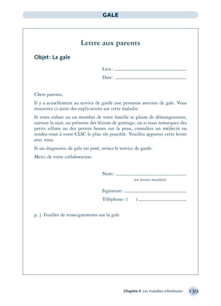 Chapitre 4 Les maladies infectieuses 139
GALE
Lettre aux parents
Objet: La gale
Lieu:
Date:
Chers parents,
Il y a actuellement au service de garde une personne atteinte de gale. Vous
trouverez ci-joint des explications sur cette maladie.
Si votre enfant ou un membre de votre famille se plaint de démangeaisons,
surtout la nuit, ou présente des lésions de grattage, ou si vous remarquez des
petits sillons ou des petites bosses sur la peau, consultez un médecin ou
rendez-vous à votre CLSC le plus tôt possible. Veuillez apporter cette lettre
avec vous.
Si un diagnostic de gale est posé, avisez le service de garde.
Merci de votre collaboration.
Nom:
(en lettres moulées)
Signature:
Téléphone: ( )
p. j. Feuillet de renseignements sur la gale
montage-xpd-02003 4/30/02 11:08 AM Page 139
 