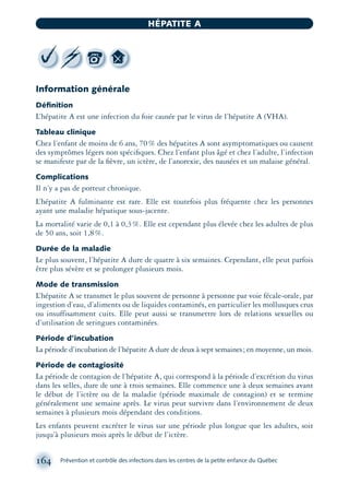 Information générale
Déﬁnition
L’hépatite A est une infection du foie causée par le virus de l’hépatite A (VHA).
Tableau clinique
Chez l’enfant de moins de 6 ans, 70% des hépatites A sont asymptomatiques ou causent
des symptômes légers non spéciﬁques. Chez l’enfant plus âgé et chez l’adulte, l’infection
se manifeste par de la ﬁèvre, un ictère, de l’anorexie, des nausées et un malaise général.
Complications
Il n’y a pas de porteur chronique.
L’hépatite A fulminante est rare. Elle est toutefois plus fréquente chez les personnes
ayant une maladie hépatique sous-jacente.
La mortalité varie de 0,1 à 0,3%. Elle est cependant plus élevée chez les adultes de plus
de 50 ans, soit 1,8%.
Durée de la maladie
Le plus souvent, l’hépatite A dure de quatre à six semaines. Cependant, elle peut parfois
être plus sévère et se prolonger plusieurs mois.
Mode de transmission
L’hépatite A se transmet le plus souvent de personne à personne par voie fécale-orale, par
ingestion d’eau, d’aliments ou de liquides contaminés, en particulier les mollusques crus
ou insuffisamment cuits. Elle peut aussi se transmettre lors de relations sexuelles ou
d’utilisation de seringues contaminées.
Période d’incubation
La période d’incubation de l’hépatite A dure de deux à sept semaines; en moyenne, un mois.
Période de contagiosité
La période de contagion de l’hépatite A, qui correspond à la période d’excrétion du virus
dans les selles, dure de une à trois semaines. Elle commence une à deux semaines avant
le début de l’ictère ou de la maladie (période maximale de contagion) et se termine
généralement une semaine après. Le virus peut survivre dans l’environnement de deux
semaines à plusieurs mois dépendant des conditions.
Les enfants peuvent excréter le virus sur une période plus longue que les adultes, soit
jusqu’à plusieurs mois après le début de l’ictère.
164 Prévention et contrôle des infections dans les centres de la petite enfance du Québec
HÉPATITE A
montage-xpd-02003 4/30/02 11:08 AM Page 164
 