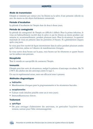 194 Prévention et contrôle des infections dans les centres de la petite enfance du Québec
HERPÈS
Mode de transmission
L’herpès se transmet par contact avec les lésions ou la salive d’une personne infectée ou
avec des mains ou des objets fraîchement contaminés.
Période d’incubation
La période d’incubation de l’herpès dure de deux à douze jours.
Période de contagiosité
La période de contagiosité de l’herpès est difficile à déﬁnir. Pour la primo-infection, le
virus est habituellement excrété dans la salive et par les lésions au moins pendant une
semaine et, occasionnellement, pendant plusieurs mois. Pour la récurrence, la quantité
maximale de virus est présente dans les premières 24 heures. Il a généralement disparu
après cinq jours.
Le virus peut être excrété de façon intermittente dans la salive pendant plusieurs années
après l’infection, même en l’absence de manifestations cliniques.
Le virus survit deux heures sur la peau, trois heures sur les vêtements et quatre heures
sur les surfaces non poreuses.
Réceptivité
Tout le monde est susceptible de contracter l’herpès.
Immunité
L’herpès peut être suivi de récurrences, malgré la présence d’anticorps circulants. De 70
à 90% des adultes ont des anticorps contre le type 1.
Un vaccin expérimental existe, mais son efficacité reste à prouver.
Méthodes diagnostiques
Æ habituelles
• Manifestations cliniques pour la gingivostomatite et les récurrences buccales.
Æ exceptionnelles
• Culture virale (résultat possible entre un et trois jours).
• Immunoﬂuorescence directe.
Traitement
Æ spéciﬁque
• On peut envisager d’administrer des antiviraux, en particulier l’acyclovir intra-
veineux, surtout pour l’hôte immunosupprimé.
montage-xpd-02003 4/30/02 11:08 AM Page 194
 