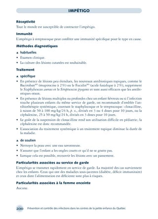 200 Prévention et contrôle des infections dans les centres de la petite enfance du Québec
IMPÉTIGO
Réceptivité
Tout le monde est susceptible de contracter l’impétigo.
Immunité
L’impétigo à streptocoque peut conférer une immunité spéciﬁque pour le type en cause.
Méthodes diagnostiques
Æ habituelles
• Examen clinique.
• La culture des lésions cutanées est souhaitable.
Traitement
Æ spéciﬁque
• En présence de lésions peu étendues, les nouveaux antibiotiques topiques, comme le
BactrobanMD
(mupirocine à 2%) ou le FucidinMD
(acide fusidique à 2%), suppriment
le Staphylococcus aureus et le Streptococcus pyogenes et sont aussi efficaces que les antibi-
otiques oraux.
• En présence de lésions multiples ou profondes chez un enfant ﬁévreux ou si l’infection
touche plusieurs enfants du même service de garde, on recommande d’emblée l’an-
tibiothérapie systémique, couvrant le staphylocoque et le streptocoque: cloxacilline,
à raison de 50 à 100 mg/kg/24 h, p. o., divisés en 3 ou 4 doses pour 10 jours, ou la
céphalexine, 25 à 50 mg/kg/24 h, divisés en 3 doses pour 10 jours.
• Le goût de la suspension de cloxacilline rend son utilisation difficile en pédiatrie; la
céphalexine est donc recommandée.
• L’association du traitement systémique à un traitement topique diminue la durée de
la maladie.
Æ de soutien
• Nettoyer la peau avec une eau savonneuse.
• S’assurer que l’enfant a les ongles courts et qu’il ne se gratte pas.
• Lorsque cela est possible, recouvrir les lésions avec un pansement.
Particularités associées au service de garde
L’impétigo se transmet rapidement en service de garde. La majorité des cas surviennent
chez les enfants. Ceux qui ont des maladies sous-jacentes (diabète, déﬁcit immunitaire)
et ceux dont l’alimentation est déﬁciente sont plus à risques.
Particularités associées à la femme enceinte
Aucune.
montage-xpd-02003 4/30/02 11:08 AM Page 200
 