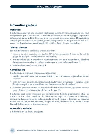 Information générale
Déﬁnition
L’inﬂuenza consiste en une infection virale aiguë saisonnière très contagieuse, qui peut
être prévenue par la vaccination. La maladie est causée par le virus grippal (myxovirus
inﬂuenza) de types A, B ou C. Les virus de type A sont les plus virulents. Des variations
antigéniques importantes peuvent engendrer des épidémies ou des pandémies. Son inci-
dence chez les enfants est considérable (10 à 40%), dont 1% sont hospitalisés.
Tableau clinique
Les manifestations de l’inﬂuenza sont les suivantes:
• présence de ﬁèvre supérieure ou égale à 39º C s’accompagnant de toux ou de mal de
gorge, de myalgies, de fatigue ou de prostration;
• manifestations gastro-intestinales (vomissements, douleurs abdominales, diarrhée)
fréquentes, surtout chez les enfants atteints par le virus inﬂuenza de type A;
• myosite aiguë, surtout avec le type B.
Complications
L’inﬂuenza peut entraîner plusieurs complications:
• surinfection bactérienne des voies respiratoires (souvent pendant la période de conva-
lescence);
• otite moyenne, sinusite, trachéite, bronchite, laryngite striduleuse et dyspnée (cette
dernière complication se manifeste plus fréquemment chez les enfants);
• rarement, pneumonie virale ou pneumonie bactérienne secondaire, syndrome de Reye
(plus fréquent chez les enfants infectés par le type B).
L’inﬂuenza peut aussi provoquer des complications broncho-pulmonaires, chez les
adultes ou les enfants souffrant de maladies cardiaque et respiratoire chroniques,
incluant la dysplasie broncho-pulmonaire, la ﬁbrose kystique et l’asthme, de maladies
rénales chroniques, de diabète sucré, de splénectomie, d’anémie falciforme et d’autres
hémoglobulinopathies et immunopathies.
Durée de la maladie
L’inﬂuenza dure de deux à sept jours.
204 Prévention et contrôle des infections dans les centres de la petite enfance du Québec
INFLUENZA (grippe)
montage-xpd-02003 4/30/02 11:08 AM Page 204
 