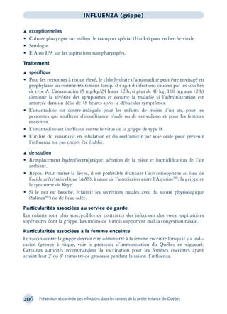 206 Prévention et contrôle des infections dans les centres de la petite enfance du Québec
INFLUENZA (grippe)
Æ exceptionnelles
• Culture pharyngée sur milieu de transport spécial (Hanks) pour recherche virale.
• Sérologie.
• EIA ou IFA sur les aspirations nasopharyngées.
Traitement
Æ spéciﬁque
• Pour les personnes à risque élevé, le chlorhydrate d’amantadine peut être envisagé en
prophylaxie ou comme traitement lorsqu’il s’agit d’infections causées par les souches
de type A. L’amantadine (5 mg/kg/24 h aux 12 h, si plus de 40 kg, 100 mg aux 12 h)
diminue la sévérité des symptômes et écourte la maladie si l’administration est
amorcée dans un délai de 48 heures après le début des symptômes.
• L’amantadine est contre-indiquée pour les enfants de moins d’un an, pour les
personnes qui souffrent d’insuffisance rénale ou de convulsion et pour les femmes
enceintes.
• L’amantadine est inefficace contre le virus de la grippe de type B.
• L’utilité du zanamivir en inhalation et du oseltamivir par voie orale pour prévenir
l’inﬂuenza n’a pas encore été établie.
Æ de soutien
• Remplacement hydroélectrolytique, aération de la pièce et humidiﬁcation de l’air
ambiant.
• Repos. Pour traiter la ﬁèvre, il est préférable d’utiliser l’acétaminophène au lieu de
l’acide acétylsalicylique (AAS), à cause de l’association entre l’AspirineMD
, la grippe et
le syndrome de Reye.
• Si le nez est bouché, éclaircir les sécrétions nasales avec du soluté physiologique
(SalinexMD
) ou de l’eau salée.
Particularités associées au service de garde
Les enfants sont plus susceptibles de contracter des infections des voies respiratoires
supérieures dont la grippe. Les moins de 3 mois supportent mal la congestion nasale.
Particularités associées à la femme enceinte
Le vaccin contre la grippe devrait être administré à la femme enceinte lorsqu’il y a indi-
cation (groupe à risque, voir le protocole d’immunisation du Québec en vigueur).
Certaines autorités recommandent la vaccination pour les femmes enceintes ayant
atteint leur 2e
ou 3e
trimestre de grossesse pendant la saison d’inﬂuenza.
montage-xpd-02003 4/30/02 11:08 AM Page 206
 