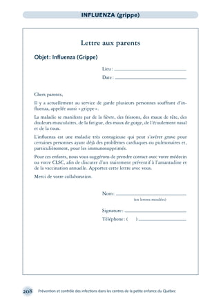 208 Prévention et contrôle des infections dans les centres de la petite enfance du Québec
INFLUENZA (grippe)
Lettre aux parents
Objet: Inﬂuenza (Grippe)
Lieu:
Date:
Chers parents,
Il y a actuellement au service de garde plusieurs personnes souffrant d’in-
ﬂuenza, appelée aussi «grippe».
La maladie se manifeste par de la ﬁèvre, des frissons, des maux de tête, des
douleurs musculaires, de la fatigue, des maux de gorge, de l’écoulement nasal
et de la toux.
L’inﬂuenza est une maladie très contagieuse qui peut s’avérer grave pour
certaines personnes ayant déjà des problèmes cardiaques ou pulmonaires et,
particulièrement, pour les immunosupprimés.
Pour ces enfants, nous vous suggérons de prendre contact avec votre médecin
ou votre CLSC, aﬁn de discuter d’un traitement préventif à l’amantadine et
de la vaccination annuelle. Apportez cette lettre avec vous.
Merci de votre collaboration.
Nom:
(en lettres moulées)
Signature:
Téléphone: ( )
montage-xpd-02003 4/30/02 11:08 AM Page 208
 