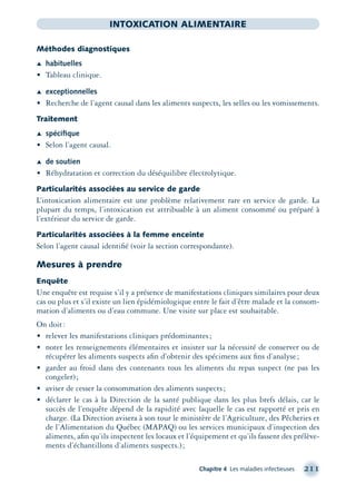 Chapitre 4 Les maladies infectieuses 211
INTOXICATION ALIMENTAIRE
Méthodes diagnostiques
Æ habituelles
• Tableau clinique.
Æ exceptionnelles
• Recherche de l’agent causal dans les aliments suspects, les selles ou les vomissements.
Traitement
Æ spéciﬁque
• Selon l’agent causal.
Æ de soutien
• Réhydratation et correction du déséquilibre électrolytique.
Particularités associées au service de garde
L’intoxication alimentaire est une problème relativement rare en service de garde. La
plupart du temps, l’intoxication est attribuable à un aliment consommé ou préparé à
l’extérieur du service de garde.
Particularités associées à la femme enceinte
Selon l’agent causal identiﬁé (voir la section correspondante).
Mesures à prendre
Enquête
Une enquête est requise s’il y a présence de manifestations cliniques similaires pour deux
cas ou plus et s’il existe un lien épidémiologique entre le fait d’être malade et la consom-
mation d’aliments ou d’eau commune. Une visite sur place est souhaitable.
On doit:
• relever les manifestations cliniques prédominantes;
• noter les renseignements élémentaires et insister sur la nécessité de conserver ou de
récupérer les aliments suspects aﬁn d’obtenir des spécimens aux ﬁns d’analyse;
• garder au froid dans des contenants tous les aliments du repas suspect (ne pas les
congeler);
• aviser de cesser la consommation des aliments suspects;
• déclarer le cas à la Direction de la santé publique dans les plus brefs délais, car le
succès de l’enquête dépend de la rapidité avec laquelle le cas est rapporté et pris en
charge. (La Direction avisera à son tour le ministère de l’Agriculture, des Pêcheries et
de l’Alimentation du Québec (MAPAQ) ou les services municipaux d’inspection des
aliments, aﬁn qu’ils inspectent les locaux et l’équipement et qu’ils fassent des prélève-
ments d’échantillons d’aliments suspects.);
montage-xpd-02003 4/30/02 11:08 AM Page 211
 