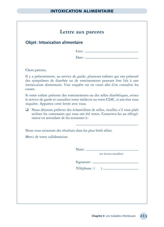 Chapitre 4 Les maladies infectieuses 213
INTOXICATION ALIMENTAIRE
Lettre aux parents
Objet: Intoxication alimentaire
Lieu:
Date:
Chers parents,
Il y a présentement, au service de garde, plusieurs enfants qui ont présenté
des symptômes de diarrhée ou de vomissements pouvant être liés à une
intoxication alimentaire. Une enquête est en cours aﬁn d’en connaître les
causes.
Si votre enfant présente des vomissements ou des selles diarrhéiques, avisez
le service de garde et consultez votre médecin ou votre CLSC, si son état vous
inquiète. Apportez cette lettre avec vous.
❏ Nous désirons prélever des échantillons de selles, veuillez s’il vous plaît
utiliser les contenants qui vous ont été remis. Conservez-les au réfrigé-
rateur en attendant de les retourner à:
Nous vous aviserons des résultats dans les plus brefs sélais.
Merci de votre collaboration.
Nom:
(en lettres moulées)
Signature:
Téléphone: ( )
montage-xpd-02003 4/30/02 11:08 AM Page 213
 