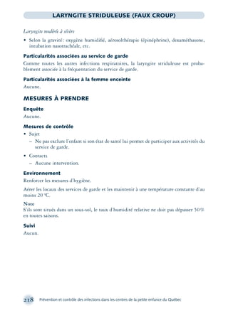 218 Prévention et contrôle des infections dans les centres de la petite enfance du Québec
LARYNGITE STRIDULEUSE (FAUX CROUP)
Laryngite modérée à sévère
• Selon la gravité: oxygène humidiﬁé, aérosolthérapie (épinéphrine), dexaméthasone,
intubation nasotrachéale, etc.
Particularités associées au service de garde
Comme toutes les autres infections respiratoires, la laryngite striduleuse est proba-
blement associée à la fréquentation du service de garde.
Particularités associées à la femme enceinte
Aucune.
MESURES À PRENDRE
Enquête
Aucune.
Mesures de contrôle
• Sujet
– Ne pas exclure l’enfant si son état de santé lui permet de participer aux activités du
service de garde.
• Contacts
– Aucune intervention.
Environnement
Renforcer les mesures d’hygiène.
Aérer les locaux des services de garde et les maintenir à une température constante d’au
moins 20 ºC.
Note
S’ils sont situés dans un sous-sol, le taux d’humidité relative ne doit pas dépasser 50%
en toutes saisons.
Suivi
Aucun.
montage-xpd-02003 4/30/02 11:08 AM Page 218
 
