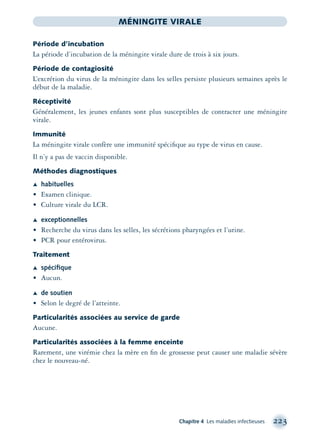 Chapitre 4 Les maladies infectieuses 223
MÉNINGITE VIRALE
Période d’incubation
La période d’incubation de la méningite virale dure de trois à six jours.
Période de contagiosité
L’excrétion du virus de la méningite dans les selles persiste plusieurs semaines après le
début de la maladie.
Réceptivité
Généralement, les jeunes enfants sont plus susceptibles de contracter une méningite
virale.
Immunité
La méningite virale confère une immunité spéciﬁque au type de virus en cause.
Il n’y a pas de vaccin disponible.
Méthodes diagnostiques
Æ habituelles
• Examen clinique.
• Culture virale du LCR.
Æ exceptionnelles
• Recherche du virus dans les selles, les sécrétions pharyngées et l’urine.
• PCR pour entérovirus.
Traitement
Æ spéciﬁque
• Aucun.
Æ de soutien
• Selon le degré de l’atteinte.
Particularités associées au service de garde
Aucune.
Particularités associées à la femme enceinte
Rarement, une virémie chez la mère en ﬁn de grossesse peut causer une maladie sévère
chez le nouveau-né.
montage-xpd-02003 4/30/02 11:08 AM Page 223
 