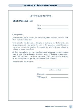 Chapitre 4 Les maladies infectieuses 231
MONONUCLÉOSE INFECTIEUSE
Lettre aux parents
Objet: Mononucléose
Lieu:
Date:
Chers parents,
Votre enfant a été en contact, en service de garde, avec une personne souf-
frant d’une mononucléose.
Cette maladie habituellement bénigne se manifeste par de la ﬁèvre, une
fatigue importante, une perte d’appétit et des ganglions enﬂés (bosses) au
niveau du cou et des aisselles. Cependant, souvent les jeunes enfants ne
présentent aucun symptôme.
Si, dans les prochains jours, votre enfant manifestait des symptômes ressem-
blant à ceux décrits ci-dessus, consultez votre médecin ou rendez-vous à
votre CLSC (apportez cette lettre avec vous). Votre enfant pourra retourner
au service de garde dès que son état de santé le lui permettra.
Merci de votre collaboration.
Nom:
(en lettres moulées)
Signature:
Téléphone: ( )
montage-xpd-02003 4/30/02 11:08 AM Page 231
 
