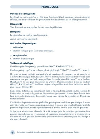 254 Prévention et contrôle des infections dans les centres de la petite enfance du Québec
PÉDICULOSE
Période de contagiosité
La période de contagiosité de la pédiculose dure jusqu’à la destruction, par un traitement
efficace, des œufs viables et des poux vivant dans les cheveux ou les effets personnels.
Réceptivité
Tout le monde est susceptible de contracter la pédiculose.
Immunité
La pédiculose ne confère pas d’immunité.
Aucun vaccin n’est disponible.
Méthodes diagnostiques
Æ habituelles
• Examen clinique (plus facile avec une loupe).
Æ exceptionnelles
• Examen microscopique.
Traitement spéciﬁque
En crème après shampooing, perméthrine (NixMD
, Kwellada-PMD
1%).
En shampooing: pyréthrine et butoxyde de pipéronyleMD
(R&CMD
, Lice-EnzMD
et autres).
Il existe un autre produit, composé d’acide acétique, de camphre, de citronnelle et
d’éthersulfate sodique de lauryle (SH-206MD
), dont le pouvoir insecticide et ovicide n’est
documenté que par des études non publiées. Le malathion (PriodermMD
) et le lindane
(KwelladaMD
) ne sont plus disponibles au Québec. D’autres produits à base de lindane
(HexitMD
, PMS LindaneMD
) semblent toujours disponibles, mais leur utilisation est de
plus en plus déconseillée.
Étant donné la facilité de transmission dans ce milieu, le traitement pour le contrôle de
l’infestation en service de garde se fait en deux applications, la deuxième devrant être
faite sept à dix jours après la première parce que, parfois, la première ne détruit pas
toutes les lentes.
L’utilisation de perméthrine est préférable, parce que ce produit est peu toxique. Il a une
activité ovicide supérieure aux autres produits et il montre une grande efficacité après la
première application. Suivre rigoureusement le mode d’emploi pour tous les produits.
Si des poux vivants sont observés 24 à 48 heures après la première application d’un
produit pédiculicide, on recommande de reprendre immédiatement le traitement en
utilisant un autre produit, la deuxième application devant avoir toujours lieu de sept à
dix jours plus tard.
montage-xpd-02003 4/30/02 11:08 AM Page 254
 