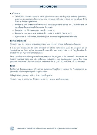 256 Prévention et contrôle des infections dans les centres de la petite enfance du Québec
PÉDICULOSE
• Contacts
– Considérer comme contacts toute personne du service de garde (enfant, personnel)
ayant eu un contact direct avec une personne infestée et tous les membres de la
famille de cette personne.
– Remettre une lettre d’information à tous les parents (lettre no 1) et informer les
membres du personnel du service de garde.
– Examiner ou faire examiner tous les contacts.
– Remettre une lettre aux parents des contacts infestés (lettre no 2).
– Appliquer le traitement, le même jour, à toutes les personnes infestées.
Environnement
S’assurer que les enfants ne partagent pas leur peigne, brosse à cheveux, chapeau.
Il n’est pas nécessaire de faire nettoyer les effets personnels (sauf les peignes et les
brosses) ou les lieux si les mesures de contrôle sont respectées et si l’application du
traitement est rigoureusement suivie.
Dans certaines situations particulières, nettoyer les peignes et les brosses à cheveux en les
faisant tremper dans une des solutions suivantes: un shampooing contre les poux
pendant une heure; de l’eau chaude à environ 65 ºC (150 ºF) pendant 5 à 10 minutes.
Suivi
Proﬁter de l’occasion pour réviser les mesures d’hygiène et donner de l’information au
personnel sur le dépistage de la pédiculose.
Si l’épidémie persiste, visiter le service de garde.
S’assurer que le protocole d’intervention en vigueur a été appliqué.
montage-xpd-02003 4/30/02 11:08 AM Page 256
 