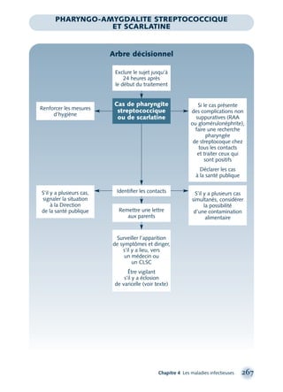 Chapitre 4 Les maladies infectieuses 267
PHARYNGO-AMYGDALITE STREPTOCOCCIQUE
ET SCARLATINE
Arbre décisionnel
Renforcer les mesures
d’hygiène
S’il y a plusieurs cas
simultanés, considérer
la possibilité
d’une contamination
alimentaire
Identiﬁer les contacts
Remettre une lettre
aux parents
S’il y a plusieurs cas,
signaler la situation
à la Direction
de la santé publique
Si le cas présente
des complications non
suppuratives (RAA
ou glomérulonéphrite),
faire une recherche
pharyngée
de streptocoque chez
tous les contacts
et traiter ceux qui
sont positifs
Déclarer les cas
à la santé publique
Surveiller l’apparition
de symptômes et diriger,
s'il y a lieu, vers
un médecin ou
un CLSC
Être vigilant
s’il y a éclosion
de varicelle (voir texte)
Cas de pharyngite
streptococcique
ou de scarlatine
Exclure le sujet jusqu'à
24 heures après
le début du traitement
montage-xpd-02003 4/30/02 11:08 AM Page 267
 