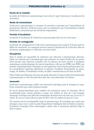 Chapitre 4 Les maladies infectieuses 273
PNEUMOCOQUE (infection à)
Durée de la maladie
La durée de l’infection à pneumocoque varie selon le type d’atteintes et la précocité du
traitement.
Mode de transmission
L’infection à pneumocoque se transmet de personne à personne par l’intermédiaire de
gouttelettes infectées. L’infection peut aussi se transmettre par l’intermédiaire d’objets
fraîchement contaminés par des sécrétions respiratoires.
Période d’incubation
La période d’incubation de l’infection à pneumocoque dure de un à trois jours.
Période de contagiosité
La période de contagiosité de l’infection à pneumocoque dure jusqu’à 24 heures après le
début du traitement. La contagion persiste jusqu’à la disparition de la bactérie dans les
sécrétions oropharyngées si l’infection n’est pas traitée.
Réceptivité
Tout le monde est susceptible de contracter une infection à pneumocoque. Souvent,
l’hôte est colonisé par le pneumocoque sans présenter de signes d’infection. La proba-
bilité qu’une vraie infection s’installe croît en présence de toute atteinte à l’intégrité
anatomique ou physiologique du tractus respiratoire, telle qu’une IVRS, une IVRI, une
maladie cardiorespiratoire chronique ou une exposition à des irritants présents dans l’air.
La susceptibilité augmente également en présence d’asplénie fonctionnelle ou anato-
mique, de diabète, d’insuffisance rénale, de déﬁcit immunitaire ou de fuite du LCR.
Chez l’enfant qui fréquente un service de garde éducatif, le risque d’infection envahissante
à pneumocoque est trois fois plus élevé que chez ceux demeurant à la maison.
Immunité
L’infection à pneumocoque confère une immunité spéciﬁque pour le sérotype en cause.
Cette immunité peut durer plusieurs années.
Le vaccin polysaccharidique peut conférer une immunité contre 23 sérotypes. On le
recommande pour certains groupes à risque. Les enfants de plus de 2 ans risquant
davantage d’attraper une infection envahissante devraient être vaccinés avec le vaccin 23
valent. Le vaccin s’avère efficace à plus de 80% chez les enfants de plus de 5 ans.
Un nouveau vaccin est disponible contre le pneumocoque. Il ne protège que contre sept
sérotypes, mais ceux-ci sont les plus fréquemment impliqués dans les formes invasives.
Il présente l’avantage d’être immunogène, même chez le nourrisson (période d’âge la
plus à risque).
montage-xpd-02003 4/30/02 11:08 AM Page 273
 