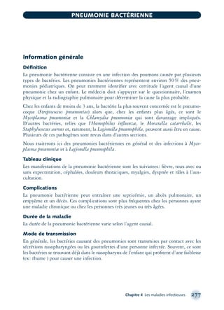 Information générale
Déﬁnition
La pneumonie bactérienne consiste en une infection des poumons causée par plusieurs
types de bactéries. Les pneumonies bactériennes représentent environ 50% des pneu-
monies pédiatriques. On peut rarement identiﬁer avec certitude l’agent causal d’une
pneumonie chez un enfant. Le médecin doit s’appuyer sur le questionnaire, l’examen
physique et la radiographie pulmonaire pour déterminer la cause la plus probable.
Chez les enfants de moins de 3 ans, la bactérie la plus souvent concernée est le pneumo-
coque (Streptococcus pneumoniae) alors que, chez les enfants plus âgés, ce sont le
Mycoplasma pneumoniæ et la Chlamydia pneumoniæ qui sont davantage impliqués.
D’autres bactéries, telles que l’Hœmophilus inﬂuenzæ, le Moraxella catarrhalis, les
Staphylococcus aureus et, rarement, la Legionella pneumophila, peuvent aussi être en cause.
Plusieurs de ces pathogènes sont revus dans d’autres sections.
Nous traiterons ici des pneumonies bactériennes en général et des infections à Myco-
plasma pneumoniæ et à Legionella pneumophila.
Tableau clinique
Les manifestations de la pneumonie bactérienne sont les suivantes: ﬁèvre, toux avec ou
sans expectoration, céphalées, douleurs thoraciques, myalgies, dyspnée et râles à l’aus-
cultation.
Complications
La pneumonie bactérienne peut entraîner une septicémie, un abcès pulmonaire, un
empyème et un décès. Ces complications sont plus fréquentes chez les personnes ayant
une maladie chronique ou chez les personnes très jeunes ou très âgées.
Durée de la maladie
La durée de la pneumonie bactérienne varie selon l’agent causal.
Mode de transmission
En générale, les bactéries causant des pneumonies sont transmises par contact avec les
sécrétions nasopharyngées ou les gouttelettes d’une personne infectée. Souvent, ce sont
les bactéries se trouvant déjà dans le nasopharynx de l’enfant qui proﬁtent d’une faiblesse
(ex: rhume ) pour causer une infection.
Chapitre 4 Les maladies infectieuses 277
PNEUMONIE BACTÉRIENNE
montage-xpd-02003 4/30/02 11:08 AM Page 277
 