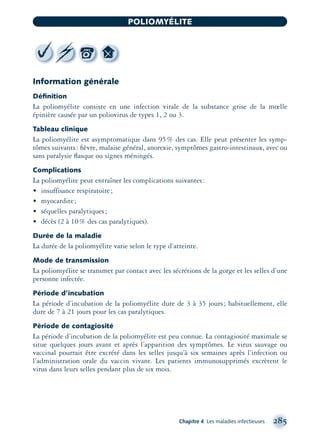 Information générale
Déﬁnition
La poliomyélite consiste en une infection virale de la substance grise de la mœlle
épinière causée par un poliovirus de types 1, 2 ou 3.
Tableau clinique
La poliomyélite est asymptomatique dans 95% des cas. Elle peut présenter les symp-
tômes suivants: ﬁèvre, malaise général, anorexie, symptômes gastro-intestinaux, avec ou
sans paralysie ﬂasque ou signes méningés.
Complications
La poliomyélite peut entraîner les complications suivantes:
• insuffisance respiratoire;
• myocardite;
• séquelles paralytiques;
• décès (2 à 10% des cas paralytiques).
Durée de la maladie
La durée de la poliomyélite varie selon le type d’atteinte.
Mode de transmission
La poliomyélite se transmet par contact avec les sécrétions de la gorge et les selles d’une
personne infectée.
Période d’incubation
La période d’incubation de la poliomyélite dure de 3 à 35 jours; habituellement, elle
dure de 7 à 21 jours pour les cas paralytiques.
Période de contagiosité
La période d’incubation de la poliomyélite est peu connue. La contagiosité maximale se
situe quelques jours avant et après l’apparition des symptômes. Le virus sauvage ou
vaccinal pourrait être excrété dans les selles jusqu’à six semaines après l’infection ou
l’administration orale du vaccin vivant. Les patients immunosupprimés excrètent le
virus dans leurs selles pendant plus de six mois.
Chapitre 4 Les maladies infectieuses 285
POLIOMYÉLITE
montage-xpd-02003 4/30/02 11:08 AM Page 285
 