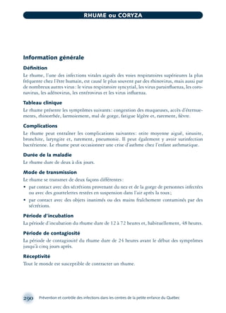 Information générale
Déﬁnition
Le rhume, l’une des infections virales aiguës des voies respiratoires supérieures la plus
fréquente chez l’être humain, est causé le plus souvent par des rhinovirus, mais aussi par
de nombreux autres virus: le virus respiratoire syncytial, les virus parainﬂuenza, les coro-
navirus, les adénovirus, les entérovirus et les virus inﬂuenza.
Tableau clinique
Le rhume présente les symptômes suivants: congestion des muqueuses, accès d’éternue-
ments, rhinorrhée, larmoiement, mal de gorge, fatigue légère et, rarement, ﬁèvre.
Complications
Le rhume peut entraîner les complications suivantes: otite moyenne aiguë, sinusite,
bronchite, laryngite et, rarement, pneumonie. Il peut également y avoir surinfection
bactérienne. Le rhume peut occasionner une crise d’asthme chez l’enfant asthmatique.
Durée de la maladie
Le rhume dure de deux à dix jours.
Mode de transmission
Le rhume se transmet de deux façons différentes:
• par contact avec des sécrétions provenant du nez et de la gorge de personnes infectées
ou avec des gouttelettes restées en suspension dans l’air après la toux;
• par contact avec des objets inanimés ou des mains fraîchement contaminés par des
sécrétions.
Période d’incubation
La période d’incubation du rhume dure de 12 à 72 heures et, habituellement, 48 heures.
Période de contagiosité
La période de contagiosité du rhume dure de 24 heures avant le début des symptômes
jusqu’à cinq jours après.
Réceptivité
Tout le monde est susceptible de contracter un rhume.
290 Prévention et contrôle des infections dans les centres de la petite enfance du Québec
RHUME ou CORYZA
montage-xpd-02003 4/30/02 11:08 AM Page 290
 