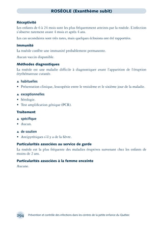 294 Prévention et contrôle des infections dans les centres de la petite enfance du Québec
ROSÉOLE (Exanthème subit)
Réceptivité
Les enfants de 6 à 24 mois sont les plus fréquemment atteints par la roséole. L’infection
s’observe rarement avant 4 mois et après 4 ans.
Les cas secondaires sont très rares, mais quelques éclosions ont été rapportées.
Immunité
La roséole confère une immunité probablement permanente.
Aucun vaccin disponible.
Méthodes diagnostiques
La roséole est une maladie difficile à diagnostiquer avant l’apparition de l’éruption
érythémateuse cutanée.
Æ habituelles
• Présentation clinique, leucopénie entre le troisième et le sixième jour de la maladie.
Æ exceptionnelles
• Sérologie.
• Test ampliﬁcation génique (PCR).
Traitement
Æ spéciﬁque
• Aucun.
Æ de soutien
• Antipyrétiques s’il y a de la ﬁèvre.
Particularités associées au service de garde
La roséole est la plus fréquente des maladies éruptives survenant chez les enfants de
moins de 2 ans.
Particularités associées à la femme enceinte
Aucune.
montage-xpd-02003 4/30/02 11:08 AM Page 294
 
