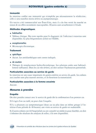 298 Prévention et contrôle des infections dans les centres de la petite enfance du Québec
ROTAVIRUS (gastro-entérite à)
Immunité
Le rotavirus confère une immunité qui n’empêche pas nécessairement la réinfection;
celle-ci sera toutefois moins sévève ou asymptomatique.
Un vaccin a été commercialisé aux États-Unis, mais il a du être retiré du marché en
raison de ses effets secondaires inacceptables. D’autres sont actuellement à l’étude.
Méthodes diagnostiques
Æ habituelles
• Tableau clinique. Des tests rapides pour le diagnostic de l’infection à rotavirus sont
disponibles. Le plus fréquemment utilisé est l’ELISA.
Æ exceptionnelles
• Microscopie électronique.
Traitement
Æ spéciﬁque
• Aucun. Les antidiarrhéiques sont contre-indiqués.
Æ de soutien
• Thérapie de remplacement hydro-électrolytique. Les solutions orales sont habituel-
lement suffisantes. Dans les cas très sévères, on doit utiliser l’hydratation parentérale.
Particularités associées au service de garde
Le rotavirus est une cause importante de gastro-entérite en service de garde. Les enfants
aux couches sont plus souvent atteints, et ils favorisent la transmission.
Particularités associées à la femme enceinte
Aucune.
Mesures à prendre
Enquête
On doit prendre contact avec le service de garde dès la conﬁrmation d’un premier cas.
S’il s’agit d’un cas isolé, on peut clore l’enquête.
S’il y a plusieurs cas symptomatiques (deux cas ou plus dans un même groupe à l’in-
térieur d’une période de 48 heures), une visite au service de garde est souhaitable.
Si d’autres enfants ont été hospitalisés ou ont consulté un médecin pour diarrhée, on doit
s’informer des résultats des analyses de selles, s’ils sont disponibles.
montage-xpd-02003 4/30/02 11:08 AM Page 298
 