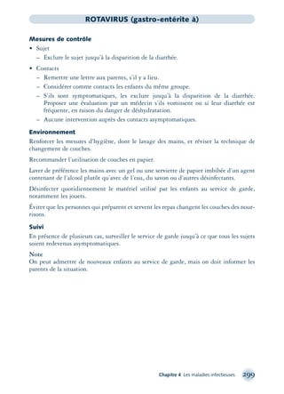 Chapitre 4 Les maladies infectieuses 299
ROTAVIRUS (gastro-entérite à)
Mesures de contrôle
• Sujet
– Exclure le sujet jusqu’à la disparition de la diarrhée.
• Contacts
– Remettre une lettre aux parents, s’il y a lieu.
– Considérer comme contacts les enfants du même groupe.
– S’ils sont symptomatiques, les exclure jusqu’à la disparition de la diarrhée.
Proposer une évaluation par un médecin s’ils vomissent ou si leur diarrhée est
fréquente, en raison du danger de déshydratation.
– Aucune intervention auprès des contacts asymptomatiques.
Environnement
Renforcer les mesures d’hygiène, dont le lavage des mains, et réviser la technique de
changement de couches.
Recommander l’utilisation de couches en papier.
Laver de préférence les mains avec un gel ou une serviette de papier imbibée d’un agent
contenant de l’alcool plutôt qu’avec de l’eau, du savon ou d’autres désinfectants.
Désinfecter quotidiennement le matériel utilisé par les enfants au service de garde,
notamment les jouets.
Éviter que les personnes qui préparent et servent les repas changent les couches des nour-
risons.
Suivi
En présence de plusieurs cas, surveiller le service de garde jusqu’à ce que tous les sujets
soient redevenus asymptomatiques.
Note
On peut admettre de nouveaux enfants au service de garde, mais on doit informer les
parents de la situation.
montage-xpd-02003 4/30/02 11:08 AM Page 299
 