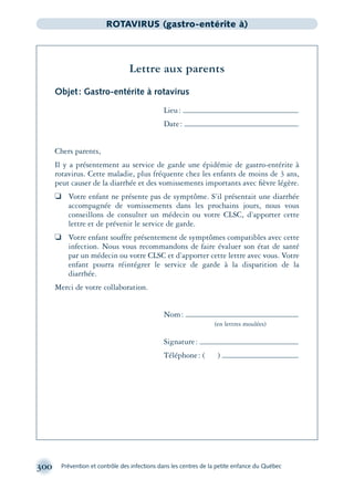 300 Prévention et contrôle des infections dans les centres de la petite enfance du Québec
ROTAVIRUS (gastro-entérite à)
Lettre aux parents
Objet: Gastro-entérite à rotavirus
Lieu:
Date:
Chers parents,
Il y a présentement au service de garde une épidémie de gastro-entérite à
rotavirus. Cette maladie, plus fréquente chez les enfants de moins de 3 ans,
peut causer de la diarrhée et des vomissements importants avec ﬁèvre légère.
❏ Votre enfant ne présente pas de symptôme. S’il présentait une diarrhée
accompagnée de vomissements dans les prochains jours, nous vous
conseillons de consulter un médecin ou votre CLSC, d’apporter cette
lettre et de prévenir le service de garde.
❏ Votre enfant souffre présentement de symptômes compatibles avec cette
infection. Nous vous recommandons de faire évaluer son état de santé
par un médecin ou votre CLSC et d’apporter cette lettre avec vous. Votre
enfant pourra réintégrer le service de garde à la disparition de la
diarrhée.
Merci de votre collaboration.
Nom:
(en lettres moulées)
Signature:
Téléphone: ( )
montage-xpd-02003 4/30/02 11:08 AM Page 300
 