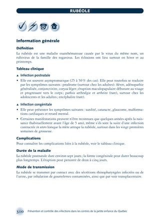 Information générale
Déﬁnition
La rubéole est une maladie exanthémateuse causée par le virus du même nom, un
rubivirus de la famille des togavirus. Les éclosions ont lieu surtout en hiver et au
printemps.
Tableau clinique
Æ Infection postnatale
• Elle est souvent asymptomatique (25 à 50% des cas). Elle peut toutefois se traduire
par les symptômes suivants: prodrome (surtout chez les adultes): ﬁèvre, adénopathie
généralisée, conjonctivite, coryza léger; éruption maculopapulaire débutant au visage
et progressant vers le corps; parfois arthralgie et arthrite (rare), surtout chez les
adolescents et les adultes; encéphalite (rare).
Æ Infection congénitale
• Elle peut présenter les symptômes suivants: surdité, cataracte, glaucome, malforma-
tions cardiaques et retard mental.
• Certaines manifestations peuvent n’être reconnues que quelques années après la nais-
sance (habituellement avant l’âge de 5 ans), même s’ils sont la suite d’une infection
contractée in utero lorsque la mère attrape la rubéole, surtout dans les vingt premières
semaines de grossesse.
Complications
Pour connaître les complications liées à la rubéole, voir le tableau clinique.
Durée de la maladie
La rubéole postnatale dure environ sept jours; la forme congénitale peut durer beaucoup
plus longtemps. L’éruption peut persister de deux à cinq jours.
Mode de transmission
La rubéole se transmet par contact avec des sécrétions rhinopharyngées infectées ou de
l’urine, par inhalation de gouttelettes contaminées, ainsi que par voie transplacentaire.
310 Prévention et contrôle des infections dans les centres de la petite enfance du Québec
RUBÉOLE
montage-xpd-02003 4/30/02 11:08 AM Page 310
 