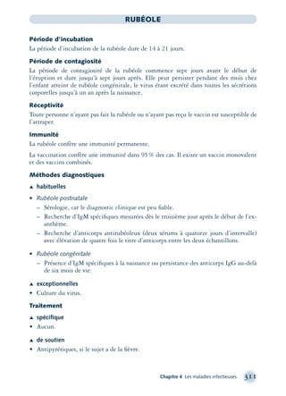 Chapitre 4 Les maladies infectieuses 311
RUBÉOLE
Période d’incubation
La période d’incubation de la rubéole dure de 14 à 21 jours.
Période de contagiosité
La période de contagiosité de la rubéole commence sept jours avant le début de
l’éruption et dure jusqu’à sept jours après. Elle peut persister pendant des mois chez
l’enfant atteint de rubéole congénitale, le virus étant excrété dans toutes les sécrétions
corporelles jusqu’à un an après la naissance.
Réceptivité
Toute personne n’ayant pas fait la rubéole ou n’ayant pas reçu le vaccin est susceptible de
l’attraper.
Immunité
La rubéole confère une immunité permanente.
La vaccination confère une immunité dans 95% des cas. Il existe un vaccin monovalent
et des vaccins combinés.
Méthodes diagnostiques
Æ habituelles
• Rubéole postnatale
– Sérologie, car le diagnostic clinique est peu ﬁable.
– Recherche d’IgM spéciﬁques mesurées dès le troisième jour après le début de l’ex-
anthème.
– Recherche d’anticorps antirubéoleux (deux sérums à quatorze jours d’intervalle)
avec élévation de quatre fois le titre d’anticorps entre les deux échantillons.
• Rubéole congénitale
– Présence d’IgM spéciﬁques à la naissance ou persistance des anticorps IgG au-delà
de six mois de vie.
Æ exceptionnelles
• Culture du virus.
Traitement
Æ spéciﬁque
• Aucun.
Æ de soutien
• Antipyrétiques, si le sujet a de la ﬁèvre.
montage-xpd-02003 4/30/02 11:08 AM Page 311
 