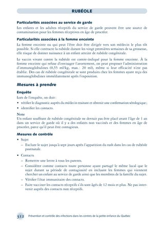 312 Prévention et contrôle des infections dans les centres de la petite enfance du Québec
RUBÉOLE
Particularités associées au service de garde
Les enfants et les adultes réceptifs du service de garde peuvent être une source de
contamination pour les femmes réceptives en âge de procréer.
Particularités associées à la femme enceinte
La femme enceinte ou qui peut l’être doit être dirigée vers son médecin le plus tôt
possible. Si elle contracte la rubéole durant les vingt premières semaines de sa grossesse,
elle risque de donner naissance à un enfant atteint de rubéole congénitale.
Le vaccin vivant contre la rubéole est contre-indiqué pour la femme enceinte. À la
femme enceinte qui refuse d’envisager l’avortement, on peut proposer l’administration
d’immunoglobulines (0,55 ml/kg, max.: 20 ml), même si leur efficacité n’est pas
établie. Des cas de rubéole congénitale se sont produits chez les femmes ayant reçu des
immunoglobulines immédiatement après l’exposition.
Mesures à prendre
Enquête
Lors de l’enquête, on doit:
• vériﬁer le diagnostic auprès du médecin traitant et obtenir une conﬁrmation sérologique;
• identiﬁer les contacts.
Note
Un enfant souffrant de rubéole congénitale ne devrait pas être placé avant l’âge de 1 an
dans un service de garde où il y a des enfants non vaccinés et des femmes en âge de
procréer, parce qu’il peut être contagieux.
Mesures de contrôle
• Sujet
– Exclure le sujet jusqu’à sept jours après l’apparition du rash dans les cas de rubéole
postnatale.
• Contacts
– Remettre une lettre à tous les parents.
– Considérer comme contacts toute personne ayant partagé le même local que le
sujet durant sa période de contagiosité en incluant les femmes qui viennent
chercher un enfant au service de garde ainsi que les membres de la famille du sujet.
– Vériﬁer l’état immunitaire des contacts.
– Faire vacciner les contacts réceptifs s’ils sont âgés de 12 mois et plus. Ne pas inter-
venir auprès des contacts non réceptifs.
montage-xpd-02003 4/30/02 11:08 AM Page 312
 