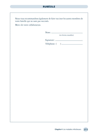Chapitre 4 Les maladies infectieuses 315
RUBÉOLE
Nous vous recommandons également de faire vacciner les autres membres de
votre famille qui ne sont pas vaccinés.
Merci de votre collaboration.
Nom:
(en lettres moulées)
Signature:
Téléphone: ( )
montage-xpd-02003 4/30/02 11:08 AM Page 315
 