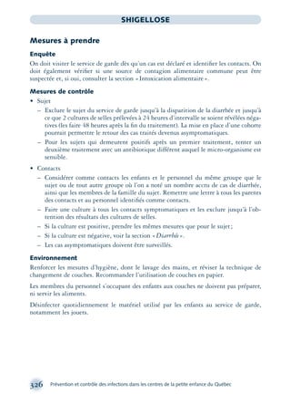 326 Prévention et contrôle des infections dans les centres de la petite enfance du Québec
SHIGELLOSE
Mesures à prendre
Enquête
On doit visiter le service de garde dès qu’un cas est déclaré et identiﬁer les contacts. On
doit également vériﬁer si une source de contagion alimentaire commune peut être
suspectée et, si oui, consulter la section «Intoxication alimentaire».
Mesures de contrôle
• Sujet
– Exclure le sujet du service de garde jusqu’à la disparition de la diarrhée et jusqu’à
ce que 2 cultures de selles prélevées à 24 heures d’intervalle se soient révélées néga-
tives (les faire 48 heures après la ﬁn du traitement). La mise en place d’une cohorte
pourrait permettre le retour des cas traités devenus asymptomatiques.
– Pour les sujets qui demeurent positifs après un premier traitement, tenter un
deuxième traitement avec un antibiotique différent auquel le micro-organisme est
sensible.
• Contacts
– Considérer comme contacts les enfants et le personnel du même groupe que le
sujet ou de tout autre groupe où l’on a noté un nombre accru de cas de diarrhée,
ainsi que les membres de la famille du sujet. Remettre une lettre à tous les parents
des contacts et au personnel identiﬁés comme contacts.
– Faire une culture à tous les contacts symptomatiques et les exclure jusqu’à l’ob-
tention des résultats des cultures de selles.
– Si la culture est positive, prendre les mêmes mesures que pour le sujet;
– Si la culture est négative, voir la section «Diarrhée».
– Les cas asymptomatiques doivent être surveillés.
Environnement
Renforcer les mesures d’hygiène, dont le lavage des mains, et réviser la technique de
changement de couches. Recommander l’utilisation de couches en papier.
Les membres du personnel s’occupant des enfants aux couches ne doivent pas préparer,
ni servir les aliments.
Désinfecter quotidiennement le matériel utilisé par les enfants au service de garde,
notamment les jouets.
montage-xpd-02003 4/30/02 11:08 AM Page 326
 