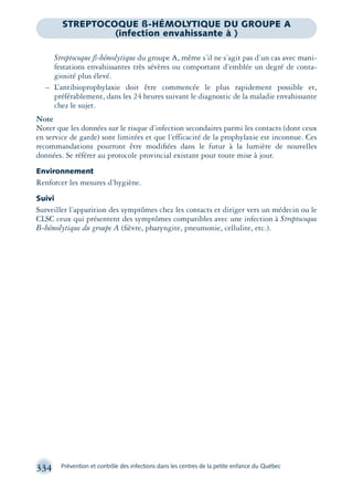 334 Prévention et contrôle des infections dans les centres de la petite enfance du Québec
Streptocoque ß-hémolytique du groupe A, même s’il ne s’agit pas d’un cas avec mani-
festations envahissantes très sévères ou comportant d’emblée un degré de conta-
giosité plus élevé.
– L’antibioprophylaxie doit être commencée le plus rapidement possible et,
préférablement, dans les 24 heures suivant le diagnostic de la maladie envahissante
chez le sujet.
Note
Noter que les données sur le risque d’infection secondaires parmi les contacts (dont ceux
en service de garde) sont limitées et que l’efficacité de la prophylaxie est inconnue. Ces
recommandations pourront être modiﬁées dans le futur à la lumière de nouvelles
données. Se référer au protocole provincial existant pour toute mise à jour.
Environnement
Renforcer les mesures d’hygiène.
Suivi
Surveiller l’apparition des symptômes chez les contacts et diriger vers un médecin ou le
CLSC ceux qui présentent des symptômes compatibles avec une infection à Streptocoque
B-hémolytique du groupe A (ﬁèvre, pharyngite, pneumonie, cellulite, etc.).
STREPTOCOQUE ß-HÉMOLYTIQUE DU GROUPE A
(infection envahissante à )
montage-xpd-02003 4/30/02 11:08 AM Page 334
 