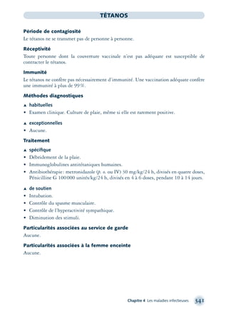 Chapitre 4 Les maladies infectieuses 341
TÉTANOS
Période de contagiosité
Le tétanos ne se transmet pas de personne à personne.
Réceptivité
Toute personne dont la couverture vaccinale n’est pas adéquate est susceptible de
contracter le tétanos.
Immunité
Le tétanos ne confère pas nécessairement d’immunité. Une vaccination adéquate confère
une immunité à plus de 99%.
Méthodes diagnostiques
Æ habituelles
• Examen clinique. Culture de plaie, même si elle est rarement positive.
Æ exceptionnelles
• Aucune.
Traitement
Æ spéciﬁque
• Débridement de la plaie.
• Immunoglobulines antitétaniques humaines.
• Antibiothérapie: metronidazole (p. o. ou IV) 30 mg/kg/24 h, divisés en quatre doses,
Pénicilline G 100000 unités/kg/24 h, divisés en 4 à 6 doses, pendant 10 à 14 jours.
Æ de soutien
• Intubation.
• Contrôle du spasme musculaire.
• Contrôle de l’hyperactivité sympathique.
• Diminution des stimuli.
Particularités associées au service de garde
Aucune.
Particularités associées à la femme enceinte
Aucune.
montage-xpd-02003 4/30/02 11:08 AM Page 341
 