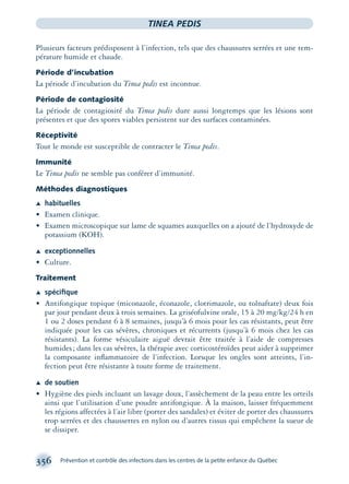 356 Prévention et contrôle des infections dans les centres de la petite enfance du Québec
TINEA PEDIS
Plusieurs facteurs prédisposent à l’infection, tels que des chaussures serrées et une tem-
pérature humide et chaude.
Période d’incubation
La période d’incubation du Tinea pedis est inconnue.
Période de contagiosité
La période de contagiosité du Tinea pedis dure aussi longtemps que les lésions sont
présentes et que des spores viables persistent sur des surfaces contaminées.
Réceptivité
Tout le monde est susceptible de contracter le Tinea pedis.
Immunité
Le Tinea pedis ne semble pas conférer d’immunité.
Méthodes diagnostiques
Æ habituelles
• Examen clinique.
• Examen microscopique sur lame de squames auxquelles on a ajouté de l’hydroxyde de
potassium (KOH).
Æ exceptionnelles
• Culture.
Traitement
Æ spéciﬁque
• Antifongique topique (miconazole, éconazole, clotrimazole, ou tolnaftate) deux fois
par jour pendant deux à trois semaines. La griséofulvine orale, 15 à 20 mg/kg/24 h en
1 ou 2 doses pendant 6 à 8 semaines, jusqu’à 6 mois pour les cas résistants, peut être
indiquée pour les cas sévères, chroniques et récurrents (jusqu’à 6 mois chez les cas
résistants). La forme vésiculaire aiguë devrait être traitée à l’aide de compresses
humides; dans les cas sévères, la thérapie avec corticostéroïdes peut aider à supprimer
la composante inﬂammatoire de l’infection. Lorsque les ongles sont atteints, l’in-
fection peut être résistante à toute forme de traitement.
Æ de soutien
• Hygiène des pieds incluant un lavage doux, l’assèchement de la peau entre les orteils
ainsi que l’utilisation d’une poudre antifongique. À la maison, laisser fréquemment
les régions affectées à l’air libre (porter des sandales) et éviter de porter des chaussures
trop serrées et des chaussettes en nylon ou d’autres tissus qui empêchent la sueur de
se dissiper.
montage-xpd-02003 4/30/02 11:08 AM Page 356
 