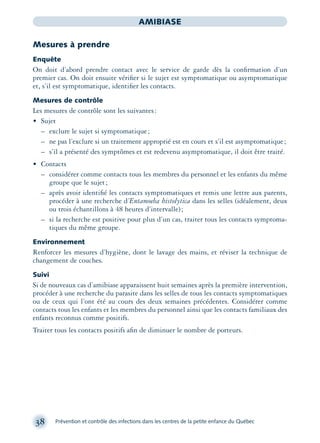 38 Prévention et contrôle des infections dans les centres de la petite enfance du Québec
AMIBIASE
Mesures à prendre
Enquête
On doit d’abord prendre contact avec le service de garde dès la conﬁrmation d’un
premier cas. On doit ensuite vériﬁer si le sujet est symptomatique ou asymptomatique
et, s’il est symptomatique, identiﬁer les contacts.
Mesures de contrôle
Les mesures de contrôle sont les suivantes:
• Sujet
– exclure le sujet si symptomatique;
– ne pas l’exclure si un traitement approprié est en cours et s’il est asymptomatique;
– s’il a présenté des symptômes et est redevenu asymptomatique, il doit être traité.
• Contacts
– considérer comme contacts tous les membres du personnel et les enfants du même
groupe que le sujet;
– après avoir identiﬁé les contacts symptomatiques et remis une lettre aux parents,
procéder à une recherche d’Entamoeba histolytica dans les selles (idéalement, deux
ou trois échantillons à 48 heures d’intervalle);
– si la recherche est positive pour plus d’un cas, traiter tous les contacts symptoma-
tiques du même groupe.
Environnement
Renforcer les mesures d’hygiène, dont le lavage des mains, et réviser la technique de
changement de couches.
Suivi
Si de nouveaux cas d’amibiase apparaissent huit semaines après la première intervention,
procéder à une recherche du parasite dans les selles de tous les contacts symptomatiques
ou de ceux qui l’ont été au cours des deux semaines précédentes. Considérer comme
contacts tous les enfants et les membres du personnel ainsi que les contacts familiaux des
enfants reconnus comme positifs.
Traiter tous les contacts positifs aﬁn de diminuer le nombre de porteurs.
montage-xpd-02003 4/30/02 11:08 AM Page 38
 