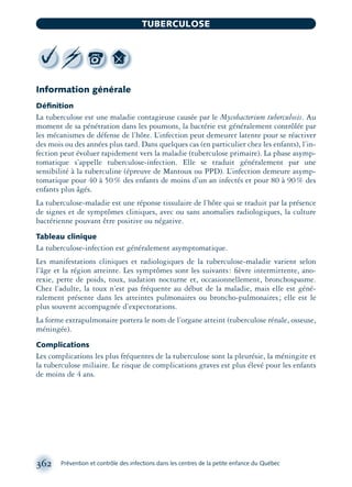 Information générale
Déﬁnition
La tuberculose est une maladie contagieuse causée par le Mycobacterium tuberculosis. Au
moment de sa pénétration dans les poumons, la bactérie est généralement contrôlée par
les mécanismes de défense de l’hôte. L’infection peut demeurer latente pour se réactiver
des mois ou des années plus tard. Dans quelques cas (en particulier chez les enfants), l’in-
fection peut évoluer rapidement vers la maladie (tuberculose primaire). La phase asymp-
tomatique s’appelle tuberculose-infection. Elle se traduit généralement par une
sensibilité à la tuberculine (épreuve de Mantoux ou PPD). L’infection demeure asymp-
tomatique pour 40 à 50% des enfants de moins d’un an infectés et pour 80 à 90% des
enfants plus âgés.
La tuberculose-maladie est une réponse tissulaire de l’hôte qui se traduit par la présence
de signes et de symptômes cliniques, avec ou sans anomalies radiologiques, la culture
bactérienne pouvant être positive ou négative.
Tableau clinique
La tuberculose-infection est généralement asymptomatique.
Les manifestations cliniques et radiologiques de la tuberculose-maladie varient selon
l’âge et la région atteinte. Les symptômes sont les suivants: ﬁèvre intermittente, ano-
rexie, perte de poids, toux, sudation nocturne et, occasionnellement, bronchospasme.
Chez l’adulte, la toux n’est pas fréquente au début de la maladie, mais elle est géné-
ralement présente dans les atteintes pulmonaires ou broncho-pulmonaires; elle est le
plus souvent accompagnée d’expectorations.
La forme extrapulmonaire portera le nom de l’organe atteint (tuberculose rénale, osseuse,
méningée).
Complications
Les complications les plus fréquentes de la tuberculose sont la pleurésie, la méningite et
la tuberculose miliaire. Le risque de complications graves est plus élevé pour les enfants
de moins de 4 ans.
362 Prévention et contrôle des infections dans les centres de la petite enfance du Québec
TUBERCULOSE
montage-xpd-02003 4/30/02 11:09 AM Page 362
 