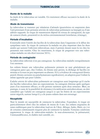 Chapitre 4 Les maladies infectieuses 363
TUBERCULOSE
Durée de la maladie
La durée de la tuberculose est variable. Un traitement efficace raccourcit la durée de la
maladie.
Mode de transmission
La tuberculose se transmet par inhalation d’aérosols (gouttelettes en suspension dans
l’air) provenant d’une personne atteinte de tuberculose pulmonaire ou laryngée ou d’une
adénite suppurée. Le risque de transmission dépend du niveau de contagiosité, du type
de contacts (durée, proximité) et du milieu environnemental (ventilation, éclairage).
Période d’incubation
L’intervalle entre l’entrée des bacilles de la tuberculose dans l’organisme et le début des
symptômes varie. Le risque de contracter la maladie est plus important dans les deux
années qui suivent l’infection tuberculeuse, mais il persiste durant toute la vie chez les
personnes non traitées. Chez les nourrissons, le risque de progresser vers une tuber-
culose-maladie est très élevé (environ 50%).
Période de contagiosité
La tuberculose-infection n’est pas contagieuse. La tuberculose-maladie extrapulmonaire
l’est rarement.
Les enfants faisant une tuberculose pulmonaire primaire ne sont généralement pas
contagieux parce que, chez l’enfant, les lésions sont petites, la décharge de bacilles est
minime et la toux est peu importante ou absente. S’il y a évidence de contagiosité (frottis
positif, lésions cavitaires ou parachymateuses signiﬁcatives), on adoptera pour l’enfant la
même approche que pour l’adulte.
L’adulte atteint de tuberculose pulmonaire est contagieux aussi longtemps qu’il crache
des bacilles tuberculeux dans ses expectorations. La contagion diminue après quelques
jours d’un traitement efficace, et elle persiste rarement après deux semaines. Mais, en
pratique, à cause de la possibilité de résistance à la médication antituberculeuse, on doit
considérer que l’adulte est contagieux jusqu’à ce que les frottis de ses expectorations
soient négatifs, surtout lorsqu’il y a de jeunes enfants dans son entourage.
Réceptivité
Tout le monde est susceptible de contracter la tuberculose. Cependant, le risque est
particulièrement élevé chez les enfants de moins de 4 ans. Les enfants originaires de
zones endémiques pour la tuberculose (sud-est de l’Asie, Afrique, Indes, Haïti, etc.) et
de certaines communautés risquent plus de contracter la maladie. Certaines conditions
augmentent le risque de tuberculose-maladie: la sous-alimentation, la prématurité,
l’immunodéﬁcience, le diabète mal contrôlé, etc.
montage-xpd-02003 4/30/02 11:09 AM Page 363
 