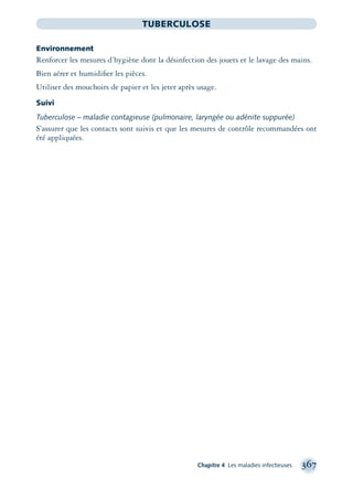 Chapitre 4 Les maladies infectieuses 367
TUBERCULOSE
Environnement
Renforcer les mesures d’hygiène dont la désinfection des jouets et le lavage des mains.
Bien aérer et humidiﬁer les pièces.
Utiliser des mouchoirs de papier et les jeter après usage.
Suivi
Tuberculose – maladie contagieuse (pulmonaire, laryngée ou adénite suppurée)
S’assurer que les contacts sont suivis et que les mesures de contrôle recommandées ont
été appliquées.
montage-xpd-02003 4/30/02 11:09 AM Page 367
 