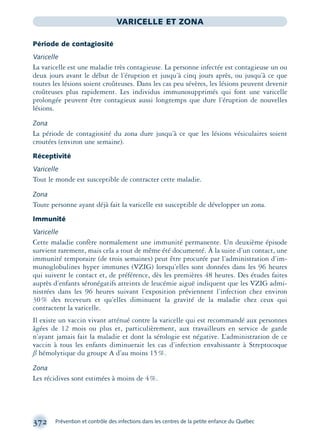 372 Prévention et contrôle des infections dans les centres de la petite enfance du Québec
VARICELLE ET ZONA
Période de contagiosité
Varicelle
La varicelle est une maladie très contagieuse. La personne infectée est contagieuse un ou
deux jours avant le début de l’éruption et jusqu’à cinq jours après, ou jusqu’à ce que
toutes les lésions soient croûteuses. Dans les cas peu sévères, les lésions peuvent devenir
croûteuses plus rapidement. Les individus immunosupprimés qui font une varicelle
prolongée peuvent être contagieux aussi longtemps que dure l’éruption de nouvelles
lésions.
Zona
La période de contagiosité du zona dure jusqu’à ce que les lésions vésiculaires soient
croutées (environ une semaine).
Réceptivité
Varicelle
Tout le monde est susceptible de contracter cette maladie.
Zona
Toute personne ayant déjà fait la varicelle est susceptible de développer un zona.
Immunité
Varicelle
Cette maladie confère normalement une immunité permanente. Un deuxième épisode
survient rarement, mais cela a tout de même été documenté. À la suite d’un contact, une
immunité temporaire (de trois semaines) peut être procurée par l’administration d’im-
munoglobulines hyper immunes (VZIG) lorsqu’elles sont données dans les 96 heures
qui suivent le contact et, de préférence, dès les premières 48 heures. Des études faites
auprès d’enfants séronégatifs atteints de leucémie aiguë indiquent que les VZIG admi-
nistrées dans les 96 heures suivant l’exposition préviennent l’infection chez environ
30% des receveurs et qu’elles diminuent la gravité de la maladie chez ceux qui
contractent la varicelle.
Il existe un vaccin vivant atténué contre la varicelle qui est recommandé aux personnes
âgées de 12 mois ou plus et, particulièrement, aux travailleurs en service de garde
n’ayant jamais fait la maladie et dont la sérologie est négative. L’administration de ce
vaccin à tous les enfants diminuerait les cas d’infection envahissante à Streptocoque
ß hémolytique du groupe A d’au moins 15%.
Zona
Les récidives sont estimées à moins de 4%.
montage-xpd-02003 4/30/02 11:09 AM Page 372
 