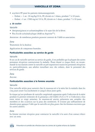 374 Prévention et contrôle des infections dans les centres de la petite enfance du Québec
VARICELLE ET ZONA
• acyclovir IV pour les patients immunosupprimés
– Enfant < 1 an: 30 mg/kg/24 h, IV, divisés en 3 doses, pendant 7 à 10 jours.
– Enfant >1 an: 1500 mg/m2
/24 h, IV, divisés en 3 doses, pendant 7 à 10 jours.
Æ de soutien
Varicelle
• Antiprurigineux et acétaminophène si le sujet fait de la ﬁèvre.
• Pas d’acide acétylsalicylique (AAS ou AspirineMD
).
Attention: de nombreux produits peuvent contenir de l’AAS en association.
Zona
Traitement de la douleur.
Application de compresses humides.
Particularités associées au service de garde
Varicelle
Si un cas de varicelle survient au service de garde, il est probable que la plupart des autres
personnes réceptives contracteront la maladie. Étant donné ce risque élevé, on recom-
mande la vaccination contre la varicelle en pré-exposition à toutes les personnes réceptives
et, particulièrement, aux adultes travaillant avec des enfants, dont le personnel des
services de garde.
Zona
Aucune.
Particularités associées à la femme enceinte
Varicelle
Une varicelle sévère peut survenir chez le nouveau-né si la mère fait la maladie dans les
cinq jours avant l’accouchement et jusqu’à deux jours après.
Le risque qu’un syndrome de varicelle congénitale apparaisse après l’infection de la mère
pendant le premier trimestre de la grossesse a été établi à 0,4 à 2% si l’infection a lieu
entre treize et vingt semaines. Le nouveau-né atteint présentera une atrophie des
membres et des cicatrices sur la peau des extrémités. Il n’existe pas suffisamment de
données pour appuyer l’idée que la varicelle est plus grave chez les femmes enceintes que
les autres adultes.
Zona
La femme enceinte réceptive peut contracter la varicelle à la suite d’un contact direct
avec un zona.
montage-xpd-02003 4/30/02 11:09 AM Page 374
 