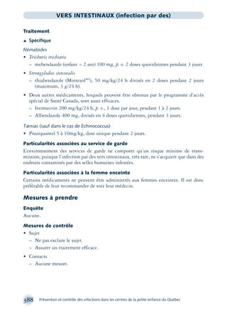388 Prévention et contrôle des infections dans les centres de la petite enfance du Québec
VERS INTESTINAUX (infection par des)
Traitement
Æ Spéciﬁque
Nématodes
• Trichuris trichiura
– mebendazole (enfant > 2 ans) 100 mg, p. o. 2 doses quotidiennes pendant 3 jours
• Strongylodies stercoralis
– thiabendazole (MintezolMD
), 50 mg/kg/24 h divisés en 2 doses pendant 2 jours
(maximum, 3 g/24 h).
• Deux autres médicaments, lesquels peuvent être obtenus par le programme d’accès
spécial de Santé Canada, sont aussi efficaces.
– Ivermectin 200 mg/kg/24 h, p. o., 1 dose par jour, pendant 1 à 2 jours.
– Albendazole 400 mg, divisés en 4 doses quotidiennes, pendant 3 jours.
Tænias (sauf dans le cas de Echinococcus)
• Praziquantel 5 à 10mg/kg, dose unique pendant 2 jours.
Particularités associées au service de garde
L’environnement des services de garde ne comporte qu’un risque minime de trans-
mission, puisque l’infection par des vers intestinaux, très rare, ne s’acquiert que dans des
endroits contaminés par des selles humaines infestées.
Particularités associées à la femme enceinte
Certains médicaments ne peuvent être administrés aux femmes enceintes. Il est donc
préférable de leur recommander de voir leur médecin.
Mesures à prendre
Enquête
Aucune.
Mesures de contrôle
• Sujet
– Ne pas exclure le sujet.
– Assurer un traitement efficace.
• Contacts
– Aucune mesure.
montage-xpd-02003 4/30/02 11:09 AM Page 388
 