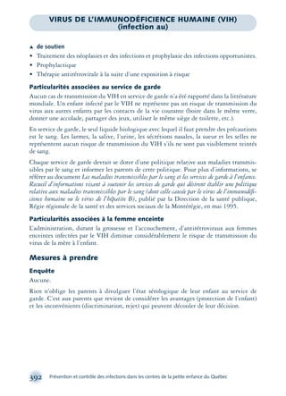 392 Prévention et contrôle des infections dans les centres de la petite enfance du Québec
Æ de soutien
• Traitement des néoplasies et des infections et prophylaxie des infections opportunistes.
• Prophylactique
• Thérapie antirétrovirale à la suite d’une exposition à risque
Particularités associées au service de garde
Aucun cas de transmission du VIH en service de garde n’a été rapporté dans la littérature
mondiale. Un enfant infecté par le VIH ne représente pas un risque de transmission du
virus aux autres enfants par les contacts de la vie courante (boire dans le même verre,
donner une accolade, partager des jeux, utiliser le même siège de toilette, etc.).
En service de garde, le seul liquide biologique avec lequel il faut prendre des précautions
est le sang. Les larmes, la salive, l’urine, les sécrétions nasales, la sueur et les selles ne
représentent aucun risque de transmission du VIH s’ils ne sont pas visiblement teintés
de sang.
Chaque service de garde devrait se doter d’une politique relative aux maladies transmis-
sibles par le sang et informer les parents de cette politique. Pour plus d’informations, se
référer au document Les maladies transmissibles par le sang et les services de garde à l’enfance.
Recueil d’informations visant à soutenir les services de garde qui désirent établir une politique
relative aux maladies transmissibles par le sang (dont celle causée par le virus de l’immunodéﬁ-
cience humaine ou le virus de l’hépatite B), publié par la Direction de la santé publique,
Régie régionale de la santé et des services sociaux de la Montérégie, en mai 1995.
Particularités associées à la femme enceinte
L’administration, durant la grossesse et l’accouchement, d’antirétroviraux aux femmes
enceintes infectées par le VIH diminue considérablement le risque de transmission du
virus de la mère à l’enfant.
Mesures à prendre
Enquête
Aucune.
Rien n’oblige les parents à divulguer l’état sérologique de leur enfant au service de
garde. C’est aux parents que revient de considérer les avantages (protection de l’enfant)
et les inconvénients (discrimination, rejet) qui peuvent découler de leur décision.
VIRUS DE L’IMMUNODÉFICIENCE HUMAINE (VIH)
(infection au)
montage-xpd-02003 4/30/02 11:09 AM Page 392
 