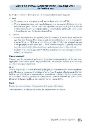 Chapitre 4 Les maladies infectieuses 393
Le droit de l’enfant et de ses parents à la conﬁdentialité doit être respecté.
• Sujet
– Ne pas exclure le sujet pour la seule raison d’une infection au VIH.
– C’est le médecin traitant qui, en collaboration avec les parents, décide de la perti-
nence ou non pour l’enfant infecté de fréquenter un service de garde. L’état du
système immunitaire, le comportement de l’enfant, l’état général, les soins requis
et la médication sont des facteurs à considérer.
• Contacts
– Aucune intervention n’est justiﬁée pour les contacts à moins d’une exposition
signiﬁcative à du sang. Dans un tel cas, référer immédiatement la personne exposée
à son médecin ou CLSC ou service d’urgence aﬁn d’évaluer la nécessité ou non
d’une prophylaxie post-exposition. Lorsqu’elle est indiquée, la prophylaxie post-
exposition devrait être administrée dans les heures qui suivent l’exposition.
– Toute mesure visant à dépister le VIH chez les enfants ou le personnel pouvant être
infectés est à proscrire.
Environnement
S’assurer que les mesures de prévention des maladies transmissibles par le sang sont
appliquées au service de garde, lesquelles incluent les pratiques de base, et les mesures
de prophylaxie post-exposition.
Note
Voir le chapitre III et l’Avis de santé publique sur le contrôle des maladies trans-
missibles par le sang dans le contexte d’un service de garde à l’enfance, publié par
la Direction générale de la santé publique, ministère de la Santé et des Services sociaux,
en avril 1994, ainsi que l’annexe à ce document, section travailleurs, publié par la
Direction de la santé publique de Montréal-Centre en mai 1997.
Suivi
Fournir au personnel toute l’information et le soutien nécessaires.
Tenir des séances d’information auprès des parents si cela est requis.
VIRUS DE L’IMMUNODÉFICIENCE HUMAINE (VIH)
(infection au)
montage-xpd-02003 4/30/02 11:09 AM Page 393
 
