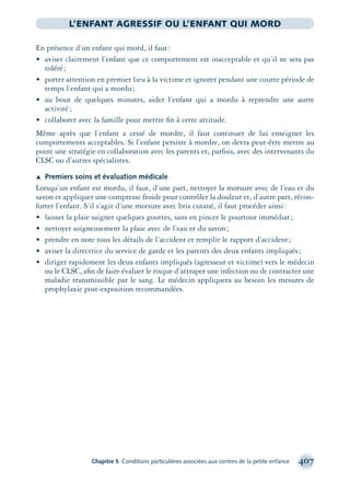 Chapitre 5 Conditions particulières associées aux centres de la petite enfance 407
L’ENFANT AGRESSIF OU L’ENFANT QUI MORD
En présence d’un enfant qui mord, il faut:
• aviser clairement l’enfant que ce comportement est inacceptable et qu’il ne sera pas
toléré;
• porter attention en premier lieu à la victime et ignorer pendant une courte période de
temps l’enfant qui a mordu;
• au bout de quelques minutes, aider l’enfant qui a mordu à reprendre une autre
activité;
• collaborer avec la famille pour mettre ﬁn à cette attitude.
Même après que l’enfant a cessé de mordre, il faut continuer de lui enseigner les
comportements acceptables. Si l’enfant persiste à mordre, on devra peut-être mettre au
point une stratégie en collaboration avec les parents et, parfois, avec des intervenants du
CLSC ou d’autres spécialistes.
Æ Premiers soins et évaluation médicale
Lorsqu’un enfant est mordu, il faut, d’une part, nettoyer la morsure avec de l’eau et du
savon et appliquer une compresse froide pour contrôler la douleur et, d’autre part, récon-
forter l’enfant. S’il s’agit d’une morsure avec bris cutané, il faut procéder ainsi:
• laisser la plaie saigner quelques gouttes, sans en pincer le pourtour immédiat;
• nettoyer soigneusement la plaie avec de l’eau et du savon;
• prendre en note tous les détails de l’accident et remplir le rapport d’accident;
• aviser la directrice du service de garde et les parents des deux enfants impliqués;
• diriger rapidement les deux enfants impliqués (agresseur et victime) vers le médecin
ou le CLSC, aﬁn de faire évaluer le risque d’attraper une infection ou de contracter une
maladie transmissible par le sang. Le médecin appliquera au besoin les mesures de
prophylaxie post-exposition recommandées.
montage-xpd-02003 4/30/02 11:09 AM Page 407
 