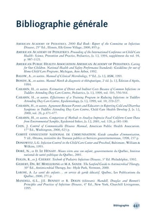 Bibliographie 441
Bibliographie générale
AMERICAN ACADEMY OF PEDIATRICS. 2000 Red Book: Report of the Committee on Infectious
Diseases, 25th
Ed., Illinois, Elk Grove Village, 2000, 855 p.
AMERICAN ACADEMY OF PEDIATRICS. Proceeding of the International Conference on Child Care
Health: Science, Prevention and Practice, Pediatrics, [s. l.], 1994, supplément du vol. 94,
p. 987-1121.
AMERICAN PUBLIC HEALTH ASSOCIATION AMERICAN ACADEMY OF PEDIATRICS. Caring
for Our Children. National Health and Safety Performance Standards: Guidelines for out-of
Home Child Care Programs, Michigan, Ann Arbor, 1992.
BALOW, A., et autres. Manual of Clinical Microbiology, 5th
Ed., [s. l.], ASM, 1991.
BONDY, K., et autres. Manuel Merck de diagnostic et thérapeutique, 2e
éd. [s. l.], Édition d’Après,
1994.
CARABIN, H., et autres. Estimation of Direct and Indirect Costs Because of Common Infections in
Toddlers Attending Day Care Centres, Pediatrics, [s. l.], 1999, vol. 103, 556-564.
CARABIN, H., et autres. Effectiveness of a Training Program in Reducing Infections in Toddlers
Attending Day Care Centres, Epidemiology, [s. l.], 1999, vol. 10, 219-227.
CARABIN, H., et autres. Agreement Between Parents and Educators in Reporting Cold and Diarrhea
Symptoms in Toddlers Attending Day Care Centres, Child Care Health Develop J, [s. l.],
2000, vol. 26, p.471-477.
CARABIN, H., et autres. Comparison of Methods to Analyse Imprecise Fecal Coliform Count Data
from Environmental Samples, Epidemiol Infect, [s. l.], 2001, vol. 126, p.181-190.
CHIN, J. Control of Communicable Diseases Manual, American Public Health Association.
17th
Ed., Washington, 2000, 623 p.
COMITÉ CONSULTATIF NATIONAL DE L’IMMUNISATION. Guide canadien d’immunisation,
5e
éd., Ottawa, ministère des Travaux publics et Services gouvernementaux, 1998, 237 p.
DONOWITZ, L.G. Infection Control in the Child Care Center and Preschool, Baltimore, William &
Wilkins, 1993.
DORÉ, N., et D. LE HÉNAFF. Mieux vivre avec son enfant, gouvernement du Québec, Institut
national de santé publique du Québec, 2001.
FEIGIN, R., et J. CHERRY. Texbook of Pediatric Infectious Diseases, 3rd
Ed. Philadelphie, 1992.
GILBERT, DN, RC MOELLERING et M.A. SANDE. The Sanford Guide to Antimicrobial Therapy,
30th
Ed., Antimicrobial Therapy, Inc: Hyde Park, Vermont, 2000.
LAROSE, A. La santé des enfants… en service de garde éducatif, Québec, Les Publications du
Québec, 2000, 271 p.
MANDELL, G.L., J.E. BENNET et R. DOLIN (éditeurs). Mandell, Douglas and Bennett’s
Principles and Practices of Infectious Diseases, 4th
Ed., New York, Churchill Livingstone,
1995.
montage-xpd-02003 4/30/02 11:09 AM Page 441
 