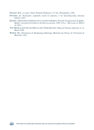NELSON, W.E., et autres. Nelson Texbook of Pediatrics, 15th
Ed., Philadelphie, 1996.
PÉCHÈRE, J.C. Reconnaître, comprendre, traiter les infections, 3e
éd. Saint-Hyacinthe, Editions
Edisem, 1991.
QUÉBEC, DIRECTION GÉNÉRALE DE LA SANTE PUBLIQUE, Protocole d’immunisation du Québec,
Québec, ministère de la Santé et des Services sociaux, 1999, 392 p. «Mis à jour en 2000 et
en 2001».
THE MEDICAL LETTER ON DRUGS AND THERAPEUTICS. Drugs for Parasitic Infections, [s. l.],
March 2000.
WEBER, M.L. Dictionnaire de thérapeutique pédiatrique, Montréal, Les Presses de l’Université de
Montréal, 1994.
442 Prévention et contrôle des infections dans les centres de la petite enfance du Québec
montage-xpd-02003 4/30/02 11:09 AM Page 442
 