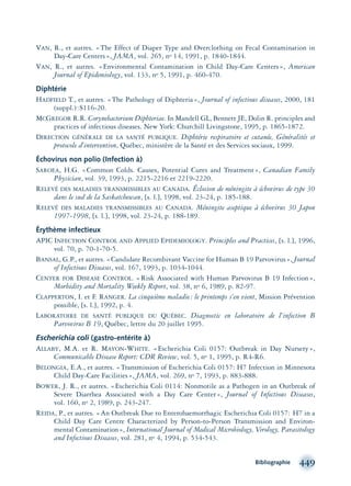 Bibliographie 449
VAN, R., et autres. «The Effect of Diaper Type and Overclothing on Fecal Contamination in
Day-Care Centers», JAMA, vol. 265, no 14, 1991, p. 1840-1844.
VAN, R., et autres. «Environmental Contamination in Child Day-Care Centers», American
Journal of Epidemiology, vol. 133, no 5, 1991, p. 460-470.
Diphtérie
HADFIELD T., et autres. «The Pathology of Diphteria», Journal of infectious diseases, 2000, 181
(suppl.):S116-20.
MCGREGOR R.R. Corynebacterium Diphteriae. In Mandell GL, Bennett JE, Dolin R. principles and
practices of infectious diseases. New York: Churchill Livingstone, 1995, p. 1865-1872.
DIRECTION GÉNÉRALE DE LA SANTÉ PUBLIQUE. Diphtérie respiratoire et cutanée, Généralités et
protocole d’intervention, Québec, ministère de la Santé et des Services sociaux, 1999.
Échovirus non polio (Infection à)
SAROEA, H.G. «Common Colds. Causes, Potential Cures and Treatment», Canadian Family
Physician, vol. 39, 1993, p. 2215-2216 et 2219-2220.
RELEVÉ DES MALADIES TRANSMISSIBLES AU CANADA. Éclosion de méningite à échovirus de type 30
dans le sud de la Saskatchewan, [s. l.], 1998, vol. 23-24, p. 185-188.
RELEVÉ DES MALADIES TRANSMISSIBLES AU CANADA. Méningite aseptique à échovirus 30 Japon
1997-1998, [s. l.], 1998, vol. 23-24, p. 188-189.
Érythème infectieux
APIC INFECTION CONTROL AND APPLIED EPIDEMIOLOGY. Principles and Practices, [s. l.], 1996,
vol. 70, p. 70-1-70-5.
BANSAL, G.P., et autres. «Candidate Recombivant Vaccine for Human B 19 Parvovirus», Journal
of Infectious Diseases, vol. 167, 1993, p. 1034-1044.
CENTER FOR DISEASE CONTROL. «Risk Associated with Human Parvovirus B 19 Infection»,
Morbidity and Mortality Weekly Report, vol. 38, no 6, 1989, p. 82-97.
CLAPPERTON, I. et F. RANGER. La cinquième maladie: le printemps s’en vient, Mission Prévention
possible, [s. l.], 1992, p. 4.
LABORATOIRE DE SANTÉ PUBLIQUE DU QUÉBEC. Diagnostic en laboratoire de l’infection B
Parvovirus B 19, Québec, lettre du 20 juillet 1995.
Escherichia coli (gastro-entérite à)
ALLABY, M.A. et R. MAYON-WHITE. «Escherichia Coli 0157: Outbreak in Day Nursery»,
Communicable Disease Report: CDR Review, vol. 5, no 1, 1995, p. R4-R6.
BELONGIA, E.A., et autres. «Transmission of Escherichia Coli 0157: H7 Infection in Minnesota
Child Day-Care Facilities», JAMA, vol. 269, no 7, 1993, p. 883-888.
BOWER, J. R., et autres. «Escherichia Coli 0114: Nonmotile as a Pathogen in an Outbreak of
Severe Diarrhea Associated with a Day Care Center», Journal of Infectious Diseases,
vol. 160, no 2, 1989, p. 243-247.
REIDA, P., et autres. «An Outbreak Due to Enterohaemorrhagic Escherichia Coli 0157: H7 in a
Child Day Care Centre Characterized by Person-to-Person Transmission and Environ-
mental Contamination», International Journal of Medical Microbiology, Virology, Parasitology
and Infectious Diseases, vol. 281, no 4, 1994, p. 534-543.
montage-xpd-02003 4/30/02 11:09 AM Page 449
 