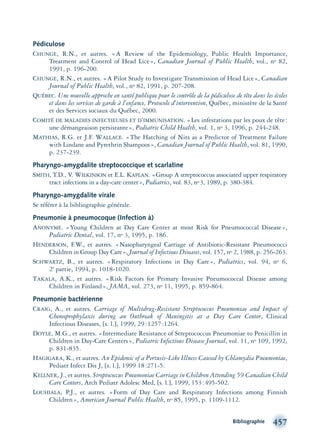 Pédiculose
CHUNGE, R.N., et autres. «A Review of the Epidemiology, Public Health Importance,
Treatment and Control of Head Lice», Canadian Journal of Public Health, vol., no 82,
1991, p. 196-200.
CHUNGE, R.N., et autres. «A Pilot Study to Investigate Transmission of Head Lice», Canadian
Journal of Public Health, vol., no 82, 1991, p. 207-208.
QUÉBEC. Une nouvelle approche en santé publique pour le contrôle de la pédiculose de tête dans les écoles
et dans les services de garde à l’enfance, Protocole d’intervention, Québec, ministère de la Santé
et des Services sociaux du Québec, 2000.
COMITÉ DE MALADIES INFECTIEUSES ET D’IMMUNISATION. «Les infestations par les poux de tête:
une démangeaison persistante», Pediatric Child Health, vol. 1, no 3, 1996, p. 244-248.
MATHIAS, R.G. et J.F. WALLACE. «The Hatching of Nits as a Predictor of Treatment Failure
with Lindane and Pyrethrin Shampoos», Canadian Journal of Public Health, vol. 81, 1990,
p. 237-239.
Pharyngo-amygdalite streptococcique et scarlatine
SMITH, T.D., V. WILKINSON et E.L. KAPLAN. «Group A streptococcus associated upper respiratory
tract infections in a day-care center», Pediatrics, vol. 83, no 3, 1989, p. 380-384.
Pharyngo-amygdalite virale
Se référer à la bibliographie générale.
Pneumonie à pneumocoque (Infection à)
ANONYME. «Young Children at Day Care Center at most Risk for Pneumococcal Disease»,
Pediatric Dental, vol. 17, no 3, 1995, p. 186.
HENDERSON, F.W., et autres. «Nasopharyngeal Carriage of Antibiotic-Resistant Pneumococci
Children in Group Day Care», Journal of Infectious Diseases, vol. 157, no 2, 1988, p. 256-263.
SCHWARTZ, B., et autres. «Respiratory Infections in Day Care», Pediatrics, vol. 94, no 6,
2e
partie, 1994, p. 1018-1020.
TAKALA, A.K., et autres. «Risk Factors for Primary Invasive Pneumococcal Disease among
Children in Finland», JAMA, vol. 273, no 11, 1995, p. 859-864.
Pneumonie bactérienne
CRAIG, A., et autres. Carriage of Multidrug-Resistant Streptococcus Pneumoniae and Impact of
Chemoprophylaxis during an Outbreak of Meningitis at a Day Care Center, Clinical
Infectious Diseases, [s. l.], 1999, 29:1257:1264.
DOYLE, M.G., et autres. «Intermediate Resistance of Streptococcus Pneumoniae to Penicillin in
Children in Day-Care Centers», Pediatric Infectious Disease Journal, vol. 11, no 109, 1992,
p. 831-835.
HAGIGARA, K., et autres. An Epidemic of a Pertusis-Like Illness Caused by Chlamydia Pneumoniae,
Pediatr Infect Dis J, [s. l.], 1999 18:271-5.
KELLNER, J., et autres. Streptococcus Pneumoniae Carriage in Children Attending 59 Canadian Child
Care Centers, Arch Pediatr Adolesc Med, [s. l.], 1999, 153:495-502.
LOUHIALA, P.J., et autres. «Form of Day Care and Respiratory Infections among Finnish
Children», American Journal Public Health, no 85, 1995, p. 1109-1112.
Bibliographie 457
montage-xpd-02003 4/30/02 11:09 AM Page 457
 